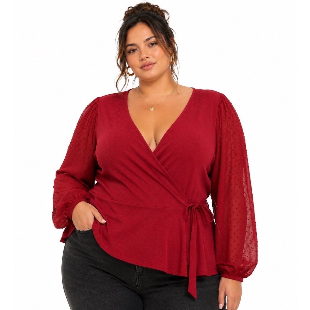 Maurices Red Peplum Wrap Top Womens XXL Swiss Dot Sheer Sleeve Ribbed V Neck New
